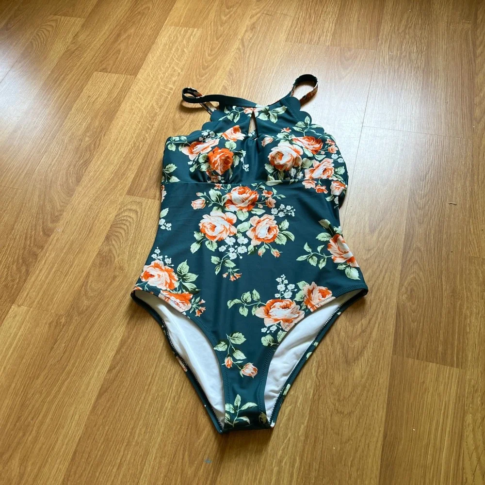 Teal Floral Scalloped High Neck One Piece Swimsuit with Keyhole Cutout Boho
